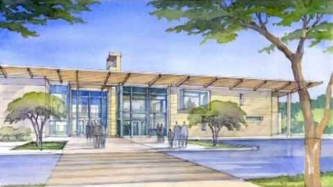 An architect’s watercolor of the planned parish center: a glass entrance under a wide roof, with trees around it.
